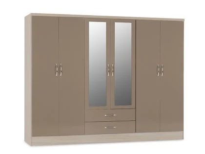 Seconique Nevada Oyster Gloss and Oak 6 Door 2 Drawer Mirrored Wardrobe Seconique Nevada Oyster Gloss and Oak 6 Door 2 Drawer Mirrored Wardrobe