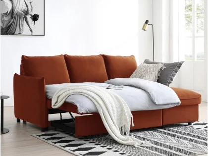 Kyoto Blaire Burnt Orange Velvet Corner Sofa Bed