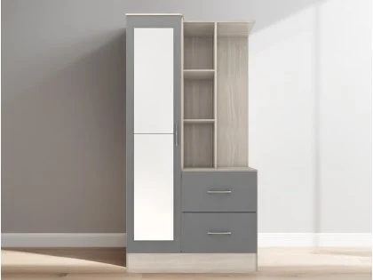 Seconique Nevada Grey Gloss and Oak 1 Door 2 Drawer Mirrored Shelving Wardrobe Seconique Nevada Grey Gloss and Oak 1 Door 2 Drawer Mirrored Shelving Wardrobe