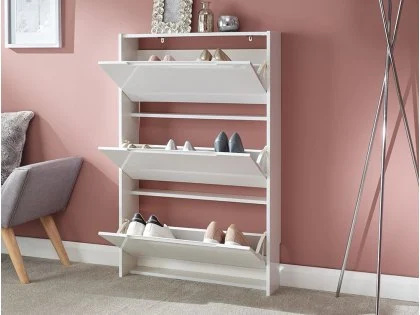 GFW Sapporo White High Gloss 3 Tier Narrow Shoe Cabinet