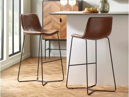 Julian Bowen Joren Brown Faux Leather Set of 2 Bar Stools Julian Bowen Joren Brown Faux Leather Set of 2 Bar Stools