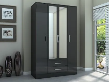 Birlea Lynx Black High Gloss 4 Door 2 Drawer Mirrored Large Wardrobe Birlea Lynx Black High Gloss 4 Door 2 Drawer Mirrored Large Wardrobe