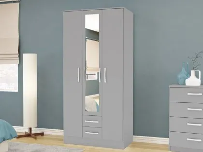 Birlea Lynx Grey High Gloss 3 Door 2 Drawer Mirrored Triple Wardrobe Birlea Lynx Grey High Gloss 3 Door 2 Drawer Mirrored Triple Wardrobe