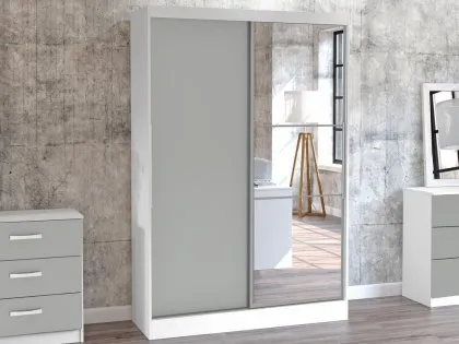 Birlea Lynx Grey High Gloss and White Sliding Door Mirrored Large Double Wardrobe Birlea Lynx Grey High Gloss and White Sliding Door Mirrored Large Double Wardrobe