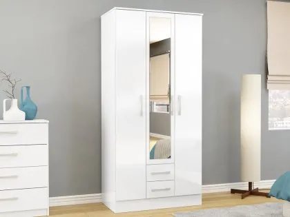 Birlea Lynx White High Gloss 3 Door 2 Drawer Mirrored Triple Wardrobe Birlea Lynx White High Gloss 3 Door 2 Drawer Mirrored Triple Wardrobe
