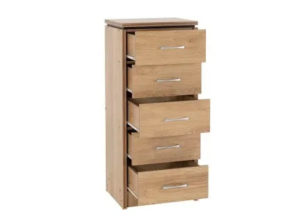 Seconique Charles Oak 5 Drawer Tall Narrow Chest of Drawers