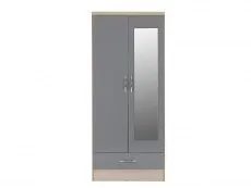 Seconique Seconique Nevada Grey Gloss and Oak 2 Door 1 Drawer Mirrored Wardrobe