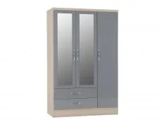 Seconique Seconique Nevada Grey Gloss and Oak 3 Door 2 Drawer Mirrored Wardrobe